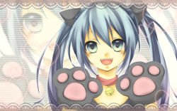 Rule 34 | 1girl, :d, animal ears, animal hands, aqua eyes, aqua hair, bell, cat ears, cat paws, collar, fake animal ears, fangs, hatsune miku, heart, kuroi (liar-player), looking at viewer, neck bell, open mouth, smile, solo, upper body, vocaloid, zoom layer
