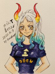 Rule 34 | 1girl, ahoge, blue background, blue hair, blue shirt, commentary request, dated, earrings, erichiyo op, green hair, hand on own hip, highres, horns, jewelry, looking to the side, multicolored hair, multicolored horns, one piece, painting (medium), ponytail, shirt, short sleeves, simple background, smile, solo, t-shirt, traditional media, translation request, upper body, v-shaped eyebrows, watercolor (medium), white hair, yamato (one piece), yellow eyes, yellow horns