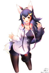 Rule 34 | 1girl, :d, absurdres, animal ear fluff, animal ears, black choker, black hair, black hoodie, black pantyhose, black shorts, breasts, choker, commentary, contrapposto, cowboy shot, cropped legs, fang, hair flaps, hair ornament, highres, hololive, hood, hoodie, long hair, looking at viewer, medium breasts, milo1205, multicolored hair, official alternate costume, ookami mio, ookami mio (casual), open mouth, pantyhose, paw print, ponytail, red hair, short shorts, shorts, sidelocks, signature, simple background, smile, solo, standing, streaked hair, tail, tail around own leg, twitter username, two-tone hoodie, virtual youtuber, white background, white hair, white hoodie, wolf ears, wolf tail, yellow eyes