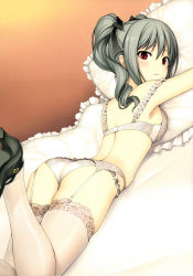 Rule 34 | 10s, 1girl, absurdres, ass, bra, breasts, garter belt, garter straps, hair ribbon, high heels, highres, idolmaster, idolmaster cinderella girls, kanzaki ranko, lace, lace-trimmed legwear, lace bra, lace panties, lace trim, looking back, lying, medium breasts, on stomach, panties, red eyes, ribbon, scan, silver hair, solo, tanaka shoutarou, thighhighs, twintails, underwear, underwear only, white bra, white panties, white thighhighs