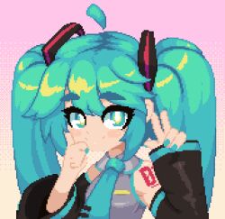 Rule 34 | 1girl, ahoge, blue eyes, blue nails, blush, closed mouth, detached ahoge, detached sleeves, dithering, hair ornament, hand on own face, hatsune miku, long hair, long sleeves, looking at viewer, minimilieu, necktie, pink background, pixel art, portrait, shirt, smile, solo, thick eyebrows, twintails, v, vocaloid