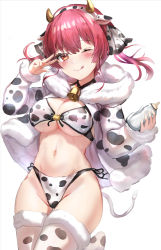 Rule 34 | 1girl, animal ears, animal print, baby bottle, bell, bikini, bottle, breasts, cleavage, commentary request, cow ears, cow horns, cow print, cow print bikini, cow tail, fake animal ears, fake horns, fake tail, fur-trimmed jacket, fur trim, hair ribbon, himonoata, hololive, horns, houshou marine, jacket, large breasts, medium hair, navel, one eye closed, print bikini, red eyes, red hair, ribbon, side-tie bikini bottom, solo, swimsuit, tail, tongue, tongue out, twintails, underboob, v, virtual youtuber, white background