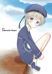 Rule 34 | 1girl, beret, blue dress, blue footwear, blue hat, blue sailor collar, blue sky, blush, brown hair, character name, closed mouth, clothes writing, cloud, cloudy sky, day, dress, hat, head tilt, headwear writing, interlocked fingers, kantai collection, long sleeves, looking at viewer, looking to the side, masuishi kinoto, outdoors, own hands together, sailor collar, sailor dress, shoes, short dress, short hair, sitting, sky, solo, z1 leberecht maass (kancolle)