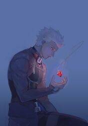 Rule 34 | 1boy, archer (fate), artist name, belt, black pants, black shirt, blue background, dark-skinned male, dark skin, fate/grand order, fate/stay night, fate (series), frown, glowing, glowing jewelry, grey eyes, hikaru (asteriskring), jewelry, long sleeves, looking at object, male focus, muscular, muscular male, necklace, pants, profile, reaching, shirt, shrug (clothing), simple background, solo, spiked hair, tan, twitter username, white hair
