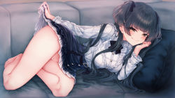Rule 34 | 1girl, bare legs, barefoot, black bow, black bowtie, black hair, black skirt, blunt bangs, blush, bow, bowtie, cleft of venus, clothes lift, couch, cushion, frilled shirt, frills, hand on own cheek, hand on own face, high-waist skirt, highres, idolmaster, idolmaster shiny colors, lifted by self, looking at viewer, lying, mayuzumi fuyuko, on side, petticoat, pussy, shirt, shirt tucked in, skirt, skirt hold, skirt lift, smile, solo, two side up, wakaba (945599620)