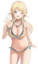 Rule 34 | 1girl, ;d, absurdres, ahoge, bare shoulders, bikini, blonde hair, blue eyes, blue ribbon, blush, bracelet, breasts, cleavage, collarbone, cowboy shot, flower, front-tie bikini top, front-tie top, hachimiya meguru, hair flower, hair ornament, halterneck, hand up, highres, idolmaster, idolmaster shiny colors, jewelry, large breasts, looking at viewer, low twintails, multi-strapped bikini, navel, necklace, one eye closed, open mouth, orange bikini, pony (shihyo-6591), ribbon, side-tie bikini bottom, simple background, smile, solo, stomach, striped bikini, striped clothes, swimsuit, twintails, waving, white background, yellow flower