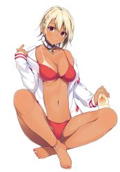 Rule 34 | 1girl, absurdres, anklet, bare shoulders, barefoot, bikini, bikini tan, blonde hair, breasts, choker, cleavage, collarbone, commentary request, earrings, full body, highres, indian style, jacket, jewelry, kurebayashi noe, long sleeves, looking at viewer, medium breasts, nail polish, navel, navel piercing, off shoulder, open clothes, open jacket, original, piercing, red bikini, red eyes, short hair, simple background, sitting, smile, solo, stomach, strap pull, swimsuit, tan, tanline, toenail polish, toenails, white background, white jacket