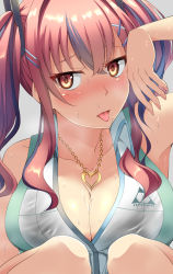 Rule 34 | 1girl, :p, armpits, azur lane, bare shoulders, black bra, blush, bra, breasts, bremerton (azur lane), bremerton (scorching-hot training) (azur lane), cleavage, collarbone, collared shirt, commentary request, crop top, crossed bangs, grey hair, hair between eyes, hair intakes, hair ornament, hairclip, hand up, head tilt, heart, heart necklace, highres, jewelry, large breasts, long hair, looking at viewer, mole, mole under eye, multicolored hair, myumyutain, nail polish, necklace, nose blush, pink eyes, pink hair, pink nails, see-through, shirt, sidelocks, simple background, sleeveless, sleeveless shirt, solo, sportswear, squatting, streaked hair, sweat, tennis uniform, tongue, tongue out, twintails, two-tone hair, two-tone shirt, underwear, upper body, wet, wet clothes, white shirt, x hair ornament