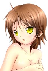 Rule 34 | 1girl, absurdres, breasts, brown hair, colorized, covering privates, covering breasts, highres, nude, nude cover, original, rinsu, small breasts, solo, yellow eyes