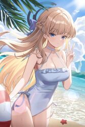 Rule 34 | 1girl, :t, absurdres, alternate costume, bare arms, bare shoulders, beach, blonde hair, blue archive, blue eyes, braid, breasts, choker, cleavage, closed mouth, cowboy shot, day, frilled one-piece swimsuit, frills, halterneck, hand up, highres, large breasts, long hair, looking at viewer, nannung, one-piece swimsuit, outdoors, pout, side-tie swimsuit, solo, sunlight, swimsuit, thighs, toki (blue archive), v, very long hair, wet, white choker, white one-piece swimsuit