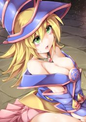 Rule 34 | 1girl, bare shoulders, blonde hair, blush, blush stickers, breasts, brick floor, cleavage, dark magician girl, duel monster, fun bo, gauntlets, green eyes, hat, jewelry, large breasts, long hair, looking up, necklace, open mouth, pentacle, sitting, solo, sweatdrop, v arms, wizard hat, yu-gi-oh!