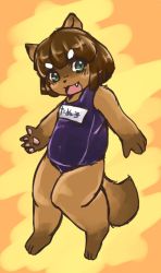 Rule 34 | artist request, brown hair, furry, green eyes, highres, open mouth, raccoon, school swimsuit, short hair, swimsuit