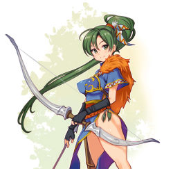 Rule 34 | 1girl, arrow (projectile), black gloves, blue dress, bow (weapon), breasts, closed mouth, contrapposto, convenient censoring, cowboy shot, dress, earrings, covered erect nipples, fingerless gloves, fire emblem, fire emblem: the blazing blade, from side, gloves, green eyes, green hair, hair ribbon, high ponytail, jewelry, large breasts, long hair, looking at viewer, lyn (fire emblem), muneate, nintendo, no panties, obi, pelvic curtain, perky breasts, quiver, ribbon, ryoji (nomura ryouji), sash, side slit, simple background, smile, solo, standing, stud earrings, thighs, very long hair, weapon
