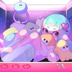 Rule 34 | 1girl, absurdres, aqua hair, arcade cabinet, coin slot, covered mouth, crane game, female focus, hair ornament, heart, heart hair ornament, highres, hugging object, inkling, inkling girl, inkling player character, long sleeves, looking at viewer, nintendo, pants, pink eyes, pink pants, sahata saba, shirt, sitting, solo, splatoon (series), squid, stuffed animal, stuffed toy, water balloon, white shirt