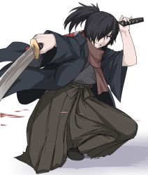 Rule 34 | 1boy, black hair, brown scarf, commentary request, fate/grand order, fate (series), grin, hair over one eye, holding, holding sword, holding weapon, katana, long sleeves, looking at viewer, male focus, okada izou (fate), orange eyes, ponytail, scarf, shiseki hirame, smile, solo, sword, weapon