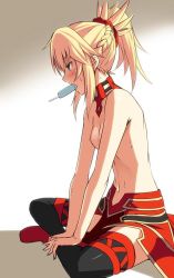 Rule 34 | 1girl, black thighhighs, blush, braid, breasts, detached collar, fate/apocrypha, fate/grand order, fate (series), food, french braid, from side, long hair, looking afar, mordred (fate), mordred (fate/apocrypha), navel, nipples, open mouth, pelvic curtain, popsicle, profile, shiseki hirame, sidelocks, small breasts, solo, sweat, thighhighs, topless, v arms