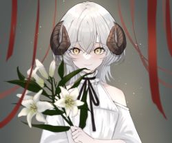 Rule 34 | 1girl, bare shoulders, dress, flower, flower request, frills, haruwo, high collar, highres, holding, holding flower, horns, light particles, lily (flower), long hair, looking at viewer, neck ribbon, off-shoulder dress, off shoulder, original, ribbon, sheep horns, smile, solo, thick eyebrows, white hair, yellow eyes