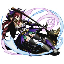 Rule 34 | 10s, 1girl, black panties, black thighhighs, breasts, brown eyes, cleavage, divine gate, erza scarlet, fairy tail, floating hair, full body, gauntlets, hair between eyes, holding, holding weapon, large breasts, long hair, looking at viewer, official art, panties, red hair, scythe, solo, thighhighs, transparent background, ucmm, underwear, very long hair, weapon