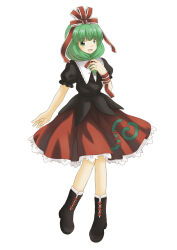Rule 34 | 1girl, arm ribbon, black footwear, black shirt, boots, bow, frilled bow, frilled ribbon, frilled skirt, frills, front ponytail, hair bow, hair ribbon, highres, kagiyama hina, looking at viewer, open mouth, puffy short sleeves, puffy sleeves, red bow, red ribbon, red skirt, renzaoshen, ribbon, shirt, short sleeves, shorts, simple background, skirt, solo, touhou, white background