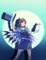 Rule 34 | 1girl, ace attorney, animal, antenna hair, arm up, belt pouch, bioboomhere, black dress, blue border, blue cape, blue eyes, blue hat, boots, border, brown hair, buttons, cape, club (shape), diamond (shape), diamond button, diamond earrings, dress, earrings, feet out of frame, gem, gloves, green gemstone, hat, heart, highres, holding, holding animal, jewelry, knee boots, outside border, pouch, rabbit, red scarf, scarf, short dress, short hair, simple background, smile, solo, spade (shape), spotlight, swept bangs, top hat, trucy wright, unworn hat, unworn headwear, white background, white footwear, white gloves, white rabbit (animal)
