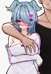 Rule 34 | 1boy, 1girl, aqua eyes, arm around neck, arm under breasts, blue hair, blush, breasts, closed mouth, elira pendora, elira pendora (1st costume), grabbed breast over shoulder, grabbing, grabbing another&#039;s breast, groping, hair intakes, hair ornament, hair over one eye, hairclip, head wings, highres, large breasts, long hair, long sleeves, looking away, looking to the side, m r b, mole, nijisanji, nijisanji en, oversized clothes, simple background, single bare shoulder, sketch, sweater, thick eyelashes, virtual youtuber, wings