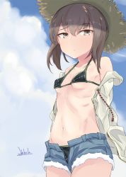 Rule 34 | 1girl, alakoala, alternate costume, bikini, black bikini, blush, breasts, brown eyes, brown hair, closed mouth, cloud, day, denim, denim shorts, hat, highres, jacket, kantai collection, looking at viewer, micro bikini, open clothes, open jacket, outdoors, raised eyebrow, short hair, short shorts, shorts, signature, sky, small breasts, solo, straw hat, swimsuit, taihou (kancolle)