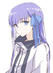 Rule 34 | 1girl, blue eyes, blue ribbon, breasts, coffeekite, fate/extra, fate/extra ccc, fate (series), hair ribbon, highres, jacket, long hair, long sleeves, looking at viewer, meltryllis (fate), purple hair, ribbon, small breasts, striped clothes, striped jacket, very long hair, white jacket