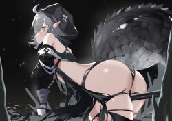 Rule 34 | 1girl, absurdres, ahoge, arknights, ass, ass focus, bare shoulders, bent over, between legs, black background, black thighhighs, cow, crocodilian tail, from behind, gloves, grey gloves, grey hair, highres, holding, holding staff, hood, hood up, large tail, light particles, long hair, looking at viewer, looking back, panties, partially fingerless gloves, pointy ears, simple background, skindentation, solo, staff, tail, thighhighs, thighs, tomimi (arknights), torn clothes, torn panties, torn thighhighs, underwear, user fntj4748, yellow eyes