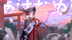 Rule 34 | 1girl, animal, animal ears, animal print, text background, bell, blue sky, braid, breasts, brown eyes, brown hair, chinese zodiac, commentary request, cow, cow ears, cow girl, cow horns, cow print, day, flower knot, from side, giant, hakama, hakama skirt, hand up, hat, highres, holding, horns, horns through headwear, japanese clothes, jingle bell, large breasts, long hair, looking at viewer, looking to the side, multiple torii, open mouth, original, outdoors, oversized animal, polearm, red skirt, sideways glance, skirt, sky, solo, torii, translation request, trident, wasabi60, weapon, year of the ox