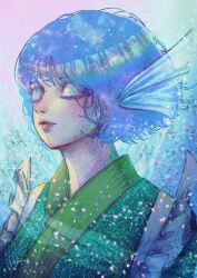 Rule 34 | 1girl, absurdres, blue eyes, blue hair, closed mouth, commentary request, fins, floral background, frills, green kimono, head fins, highres, japanese clothes, kimono, lips, short hair, solo, touhou, touka yoiko, upper body, wakasagihime