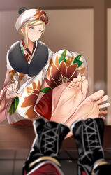 Rule 34 | 1girl, absurdres, barefoot, blonde hair, blue eyes, blurry, boots, unworn boots, depth of field, feet, hat, highres, japanese clothes, kantai collection, light blush, long hair, parted lips, richelieu (kancolle), shoes, unworn shoes, soles, steam, sweat, toes