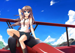Rule 34 | 1girl, aircraft, airplane, arm behind head, biplane, blue eyes, boots, brown hair, cloud, day, ike masato, long hair, open mouth, original, shorts, sitting, sky, smile, solo