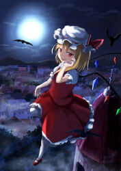 Rule 34 | 1girl, aoniyoshi, backlighting, bat (animal), blonde hair, flandre scarlet, flying, frilled skirt, frills, full body, hat, hat ribbon, highres, looking at viewer, mary janes, mob cap, moon, multicolored wings, night, one side up, open mouth, outdoors, pantyhose, puffy short sleeves, puffy sleeves, red eyes, red footwear, red ribbon, red skirt, red vest, ribbon, ribbon-trimmed headwear, ribbon trim, shirt, shoes, short sleeves, skirt, solo, touhou, vest, white hat, white pantyhose, white shirt, wings