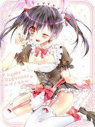Rule 34 | 10s, 1girl, ;d, animal ears, bad id, bad pixiv id, bariko, black hair, blush, breasts, cleavage, clothes lift, dress, dress lift, fake animal ears, garter straps, happy birthday, highres, love live!, love live! school idol project, maid, maid headdress, medium breasts, mogyutto &quot;love&quot; de sekkin chuu!, one eye closed, open mouth, rabbit ears, smile, solo, thighhighs, white thighhighs, yazawa nico