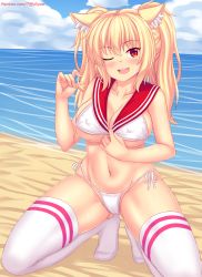 Rule 34 | 1girl, animal ear fluff, animal ears, beach, bikini, blonde hair, blush, breasts, cat ears, cleavage, collarbone, day, fang, gluteal fold, highres, kneeling, large breasts, long hair, looking at viewer, nottytiffy, one eye closed, open mouth, original, outdoors, patreon username, red eyes, sailor collar, side-tie bikini bottom, slit pupils, solo, swimsuit, thighhighs, tiffy (nottytiffy), twintails, water, watermark, web address, white bikini, white thighhighs
