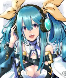 Rule 34 | 1girl, bare shoulders, belt, blue hair, breasts, choker, cleavage, dated, detached collar, detached sleeves, dizzy (guilty gear), guilty gear, guilty gear xrd, hair between eyes, hair ribbon, hair rings, headphones, highres, large breasts, long hair, looking at viewer, mariebell, mature female, open mouth, red eyes, ribbon, sidelocks, signature, solo, twintails, upper body, wide sleeves, yellow ribbon
