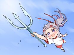 Rule 34 | 1girl, black socks, blue sky, blush stickers, flying, grey hair, gym shirt, gym shorts, gym uniform, highres, holding trident, hololive, hololive english, koseki bijou, kukie-nyan, long hair, minecraft, open mouth, outdoors, polearm, purple eyes, red shorts, red trim, shirt, shorts, sky, socks, solo, teeth, trident, upper teeth only, virtual youtuber, weapon, white footwear, white shirt