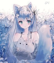 Rule 34 | 1girl, animal, animal ear fluff, animal ears, animal hug, black ribbon, blush, breasts, cat, cleavage, collarbone, commentary request, facial mark, flower, fox ears, fox girl, fox tail, girls&#039; frontline, green eyes, grey shirt, hair ornament, hair ribbon, highres, hk416 (girls&#039; frontline), kemonomimi mode, long sleeves, looking at viewer, off-shoulder shirt, off shoulder, parted lips, ribbon, shirt, silver hair, sleeves past wrists, small breasts, solo, tail, tail raised, tandohark, upper body