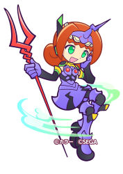 Rule 34 | ally (puyopuyo), armor, black legwear, cosplay, curly hair, detached sleeves, dress, eva 13, full body, gloves, greaves, green eyes, head on hand, holding, holding polearm, holding weapon, horns, invisible chair, lance of longinus (evangelion), neon genesis evangelion, official art, open mouth, orange hair, polearm, purple armor, purple dress, purple gloves, puyopuyo, puyopuyo quest, single horn, sitting, smile, weapon, white background