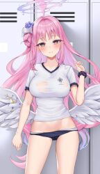 Rule 34 | 1girl, @ @, angel wings, blue archive, blush, breasts, buruma, cameltoe, feathered wings, flower, gym shirt, gym uniform, hair bun, hair flower, hair ornament, halo, highres, large breasts, long hair, looking at viewer, low wings, matrix16, medium breasts, mika (blue archive), no bra, pink hair, scrunchie, shirt, short sleeves, single side bun, smile, solo, thighs, very long hair, white wings, wings, yellow eyes