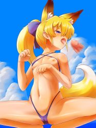 Rule 34 | 1girl, after fellatio, animal ears, bikini, blonde hair, breasts, cameltoe, censored, cum, day, fox ears, fox tail, highres, hinokara (backfire02), micro bikini, mosaic censoring, nipples, open mouth, original, outdoors, paw pose, penis, small breasts, solo focus, spread legs, squatting, swimsuit, tail, tongue, tongue out