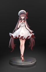 Rule 34 | 1girl, absurdres, alternate costume, black background, brown hair, commentary request, dress, frilled dress, frills, full body, genshin impact, hair between eyes, hat, high heels, highres, hu tao (genshin impact), long hair, looking at viewer, orange eyes, qixia, sidelocks, simple background, sleeveless, sleeveless dress, solo, split mouth, standing, symbol-shaped pupils, twintails, white dress, white hat, wrist flower