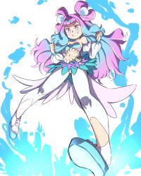 Rule 34 | 1girl, bare shoulders, blue hair, clenched hands, clenched teeth, commentary request, cure la mer, detached sleeves, gradient hair, highres, konboi-eg, laura la mer, long hair, magical girl, midriff, multicolored hair, nail polish, navel, pink eyes, pink hair, precure, smile, solo, teeth, tropical-rouge! precure, two-tone hair, white background