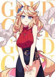 Rule 34 | 1girl, animal ears, bare shoulders, black skirt, blue bow, blue eyes, blush, bow, character name, commentary, cow, ear bow, gold city (umamusume), highres, horse ears, horse girl, horse tail, jacket, unworn jacket, jewelry, looking at viewer, necklace, official alternate costume, parted lips, plaid, red sweater, scalizo, simple background, skirt, sleeveless, solo, sweater, tail, twitter username, umamusume, white background