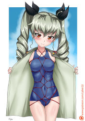 Rule 34 | 10s, 1girl, anchovy (girls und panzer), bdsm, black ribbon, blue background, blue one-piece swimsuit, blush, body blush, bondage, bound, breast bondage, breasts, closed mouth, covered navel, cowboy shot, crotch rope, cyber (cyber knight), drill hair, embarrassed, girls und panzer, gradient background, green hair, grey hair, hair between eyes, hair ribbon, head tilt, jacket, legs together, light smile, logo, long hair, long sleeves, looking at viewer, military, military uniform, old school swimsuit, one-piece swimsuit, open clothes, open jacket, patreon, patreon username, raised eyebrows, red eyes, ribbon, rope, school swimsuit, shibari, sidelocks, signature, small breasts, solo, standing, swimsuit, swimsuit under clothes, thigh gap, twin drills, twintails, uniform, watermark, web address