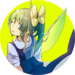 Rule 34 | 1girl, bad id, bad pixiv id, bow, circle, daiyousei, female focus, from behind, green background, green eyes, green hair, hair bow, looking back, matching hair/eyes, outside border, pisoshi, ponytail, round image, solo, touhou, wings