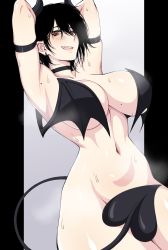 Rule 34 | 1girl, armband, armpits, arms up, black hair, breasts, cero rains, choker, colored skin, covering privates, covering breasts, covering crotch, demon girl, demon horns, demon tail, demon wings, earrings, grin, hair between eyes, highres, horns, jewelry, large breasts, looking at viewer, mole, mole on armpit, mole on breast, navel, nude, original, parted lips, red eyes, smile, solo, sweat, symbol-only commentary, tail, teeth, wings