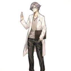 Rule 34 | 1boy, beard stubble, black pants, blue eyes, closed mouth, coat, collarbone, envelope, expressionless, facial hair, feet out of frame, girls&#039; frontline, glasses, grey hair, hand in pocket, hand up, holding, holding envelope, infukun, jewelry, lab coat, looking at viewer, lycoris (girls&#039; frontline), male focus, manila envelope, mustache stubble, necklace, official art, pants, pen in pocket, sangvis ferri, scientist, shirt, short hair, simple background, solo, standing, stubble, transparent background, white coat, white shirt