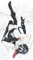 Rule 34 | 1girl, absurdres, aiguillette, azur lane, bare shoulders, belt, black footwear, black necktie, black thighhighs, blush, boots, breasts, buckle, buttons, enterprise (azur lane), expressionless, floating hair, hair between eyes, hat, high heel boots, high heels, highres, knee boots, large breasts, leg lift, long hair, looking at viewer, miniskirt, necktie, off shoulder, outstretched hand, peaked cap, pleated skirt, purple eyes, shino kumo yuu, shirt, sidelocks, silver hair, skirt, sleeve cuffs, sleeveless, sleeveless shirt, solo, star (symbol), thighhighs, thighs, upside-down, very long hair, water drop, white shirt