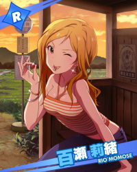 Rule 34 | 10s, 1girl, ;p, bracelet, brown eyes, brown hair, character name, cherry, earrings, food, fruit, idolmaser, idolmaster, idolmaster million live!, jewelry, long hair, looking at viewer, momose rio, official art, one eye closed, solo, sunset, tongue, tongue out